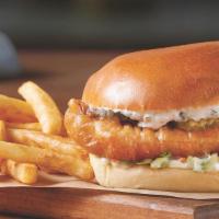 Beer Battered Cod Fish Sandwich With Fries  · Beer Battered Cod Fish Sandwich with Fries
Lettuce, Tomato, Pickles and Mayo
