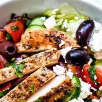 Greek Salad W/ Grilled Chicken  · Greek Salad - Lettuce, Tomato, Onion, Olives, Feta - Grilled Chicken - Choice of Dressing