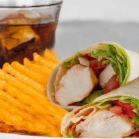 Classic Chicken Wrap Meal · Grilled or Fried Chicken, Served with Lettuce, Tomato, your Favorite Flavor, Regular Waffle ...