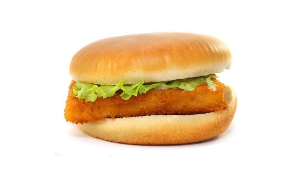 Fish Burger · Delicious Fish Burger freshly prepared and cooked to perfection. Topped with lettuce, tomato, mayo, and ketchup.