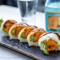 Greenwich Roll · Spicy yellowtail, jalapeno, cilantro, tempura crunchy and asparagus with spicy eel sauce.