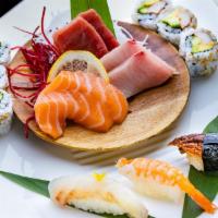 Sushi & Sashimi Combo · Four pieces of sushi and 11 pieces of sashimi with one roll. (salmon avocado).