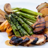 Teriyaki Chicken Entree · Grilled chicken breast, asparagus, carrot and fingerling potatoes.