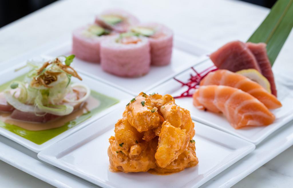 Ladies Lunch Special · Spicy shrimp tempura, four pieces of crunchy salmon avocado roll, two pieces of yellowtail ceviche and four pieces of sashimi. Choice of miso soup or salad.