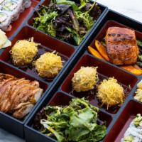 Momoya Box · chicken or salmon teriyaki, spicy tuna or California roll, tempura, shumai & salad