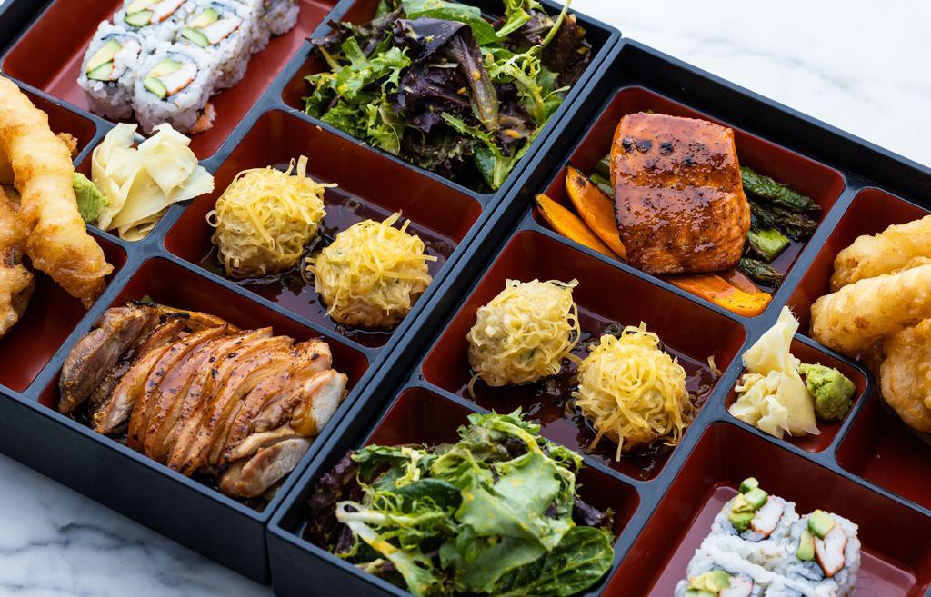 Teriyaki Lunch Box Special · Chicken or salmon, tempura, California roll, shumai and salad. Choice of miso soup or salad.