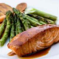 Teriyaki Scottish Salmon Entree Lunch Special · Grilled salmon with grilled asparagus, carrots and fingerling potatoes. Served with choice o...