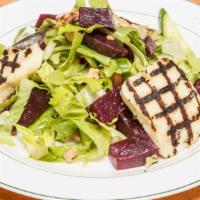  - Grilled Halloum Salad · Grilled halloum, roasted beets and cucumber with walnuts over greens and lemon sumac vinaigr...
