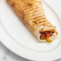  - Sojuk Pita Sandwich · Spiced Lebanese beef and lamb sausage flambeed in lemon juice, garlic toum, pickles and toma...
