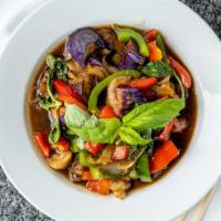 Basil Eggplant · Served with jasmine rice. Eggplant, bell peppers, onions, garlic, Thai chili paste, mushroom...