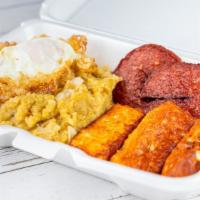 Mangu Con Salami, Queso Frito Y Huevo · Mashed plantains, fried salami, fried cheese and fried eggs.