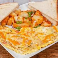 Western Omelet Platter · Ham, pepper, and onions. Served with home fries and toast white, whole wheat, ray, and 7 gra...