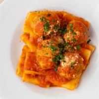 Paccheri · large macaroni tubes, veal meatballs, tomato sauce