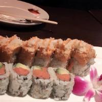 Dynamite Roll · Spicy. Spicy tuna and yellowtail roll topped with spicy pacific snow crab and crunch. Mildly...
