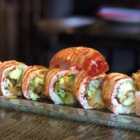 Lady Lobster Roll · Spicy. Lobster tail tempura, avocado, cucumber, tobiko, lettuce, gochujang mayo. Wrapped in ...