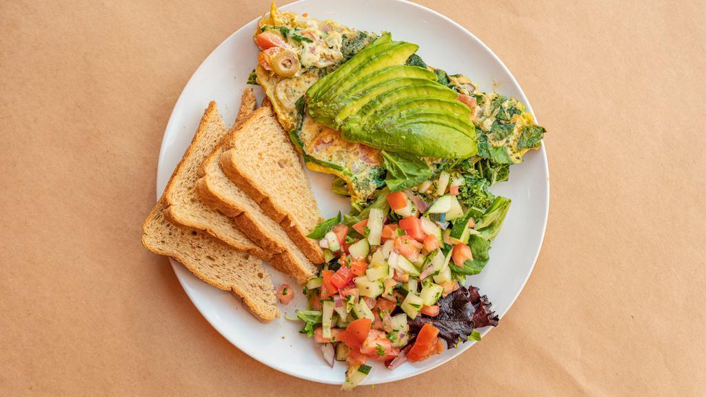 Veggie Omelette · Spinach, kale, tomato, olive, onion and avocado.