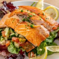 Grilled Salmon Asian Sesame Salad · Spinach, tomato, cucumber, olive and feta with Asian sesame dressing.