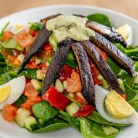 Tel Aviv Salad · Spinach, tomato, cucumber, roasted red pepper, boiled egg, grilled portobello mushroom with ...