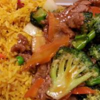 Beef With Mixed Vegetables · Served with large white rice.