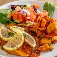 Spicy Moroccan Fish · Roasted Tilapia in Spicy Tomato Sauce served with Roasted Carrot and Potato