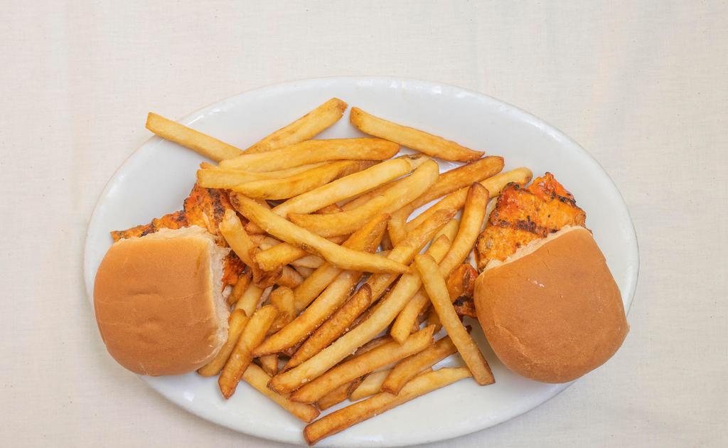 Buffalo Chicken Sliders · With blue cheese dressing. Served with fries or salad or sweet potato fries.