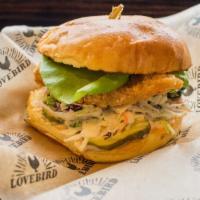 The Lovebird · Lovebird slaw, lovebird special sauce, pickles, and bibb lettuce. With your choice of fried ...
