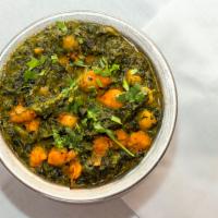 Chana-Saag · Chickpeas and spinach cooked in a spice flavor sauce.