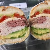 8Th Ave Sandwich · Turkey breast, roast beef, muenster, avocado, roasted peppers, lettuce, tomato, onion, with ...