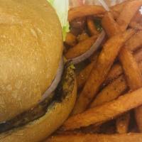 Veggie Burger · Half pound burger on a seeded bun.