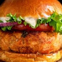 Salmon Burger · Made from scratch patty. Served with Tomatoes, Lettuce, and spicy mayo.