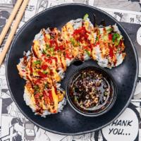 Shrimp Tempura Roll · Freshly rolled uramaki sushi roll with golden brown shrimp tempura, avocado, kani, cucumbers...