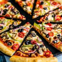    Veggie  Pizza · Onions peppers mushrooms black olives and cheese