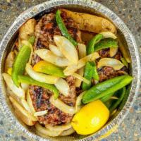 Sausage Platter · Grilled sweet pork links with onions and peppers. Served with Greek salad, pita bread and tz...