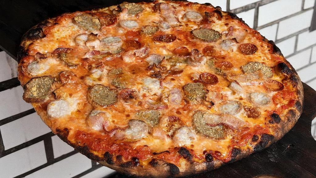 Amanti Della Carne · Crushed Italian Tomatoes, Mozzarella, Meatball, Pepperoni, Sausage, Bacon & Grated Pecorino Romano