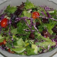 Pepe'S Salad · Seasonal Greens • Grape Tomatoes • Cucumber • Shredded Red Cabbage • Calamata Olives • Grate...