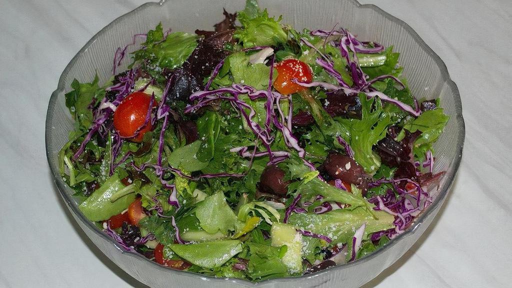 Pepe'S Salad · Seasonal Greens • Grape Tomatoes • Cucumber • Shredded Red Cabbage • Calamata Olives • Grated Pecorino Romano • Served with Balsamic Vinaigrette.