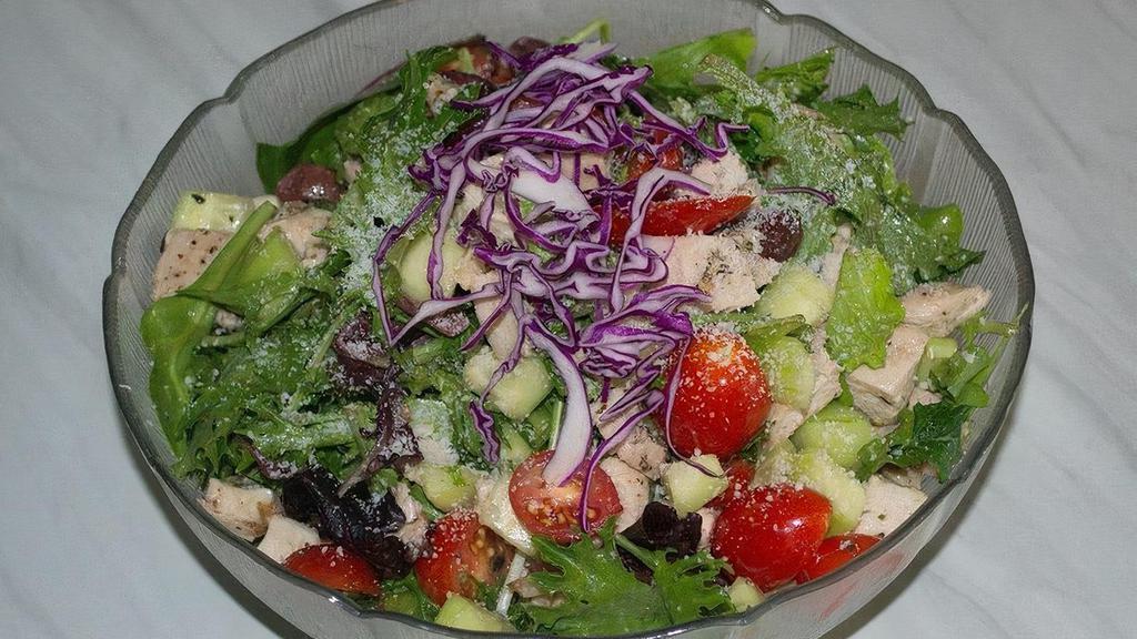 Pepe'S Salad With Roasted Chicken · Seasonal Greens • Grape Tomatoes • Cucumber • Shredded Red Cabbage • Kalamata Olives • Romano Cheese • Roasted Chicken Breast • Served with Balsamic Vinaigrette