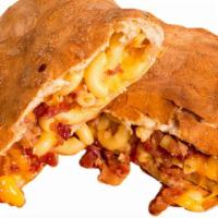 Mac Daddy · Calzone filled with Macaroni n cheese, bacon, mozzarella and cheddar cheese.  Served with a ...