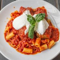 Rigatoni With Mamma'S Meatballs · Topped with creamy fresh ricotta cheese.