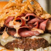 Pastrami Burger · Swiss cheese, crispy onions, celery root cole slaw, Russian dressing and smoked pastrami. Fr...
