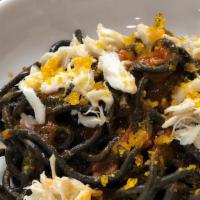 Squid Ink Spaghetti · Manilla clams, wild red shrimp, cherry tomato, chili, parsley