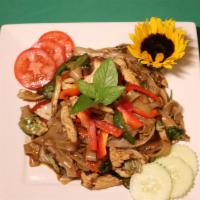 Drunken Noodle With Chicken · Sautéed flat noodles with vegetable, fresh chili & fresh basil in a spicy sauce.