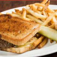 Patty Melt Burger · Caramelize onions, gruyere cheese, whole grain mustard with fries.
