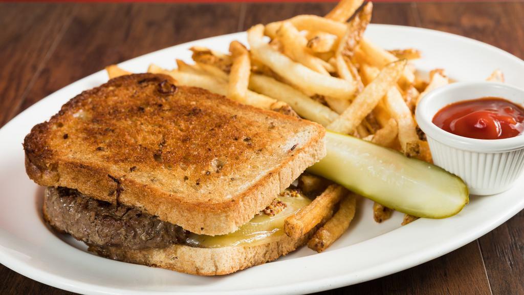 Patty Melt Burger · Caramelize onions, gruyere cheese, whole grain mustard with fries.