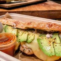 ..Keep It Light But Funky Sandwich · Grilled chicken, raclette cheese, sliced avocado, sumac mayo, and fresh lemon juice. Served ...