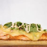 ..Salmon And Avocado Raclette Sandwich · Grilled salmon filet, sumac mayo, Pico de Gallo, avocado, fresh lime juice, baby arugula, an...