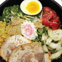 Vegan Hiyashi Cold Noodle · Cold noodle ramen in yuzu sauce with marinated tofu, cucumber, corn, green onions, scallions...