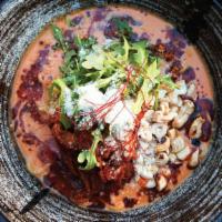 Spicy Tantanmen (Cold Noodle) · Chicken broth, spicy pulled pork, arugula, roasted cashew nuts, parmesan cheese. **contain n...