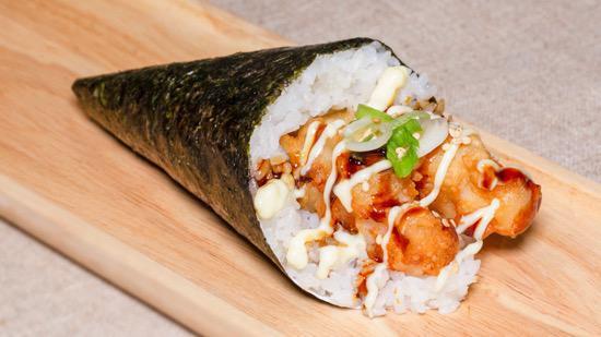 Shrimp Tempura Hand Roll · 1 piece. Shrimp tempura, scallions, sesame, mayo sauce, and eel sauce.