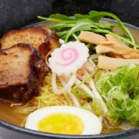 Tonkotsu Shoyu Ramen (Soy Base) · Pork broth, kakuni pork, arugula, garlic chips, bamboo, green onion, egg, sesame, and black ...
